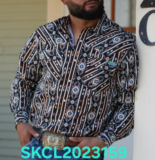 SKCL2023159 CUEROLINE BLACK/BROWN AZTEC L/S SNAP BUTTON UP