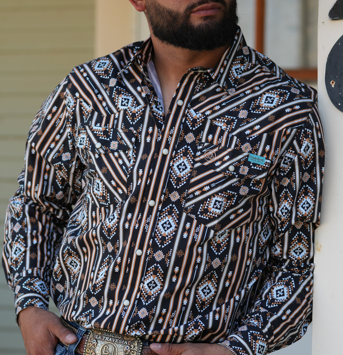 **FINAL SALE**SKCL2023159 | CUEROLINE BLACK/BROWN AZTEC L/S SNAP BUTTON UP