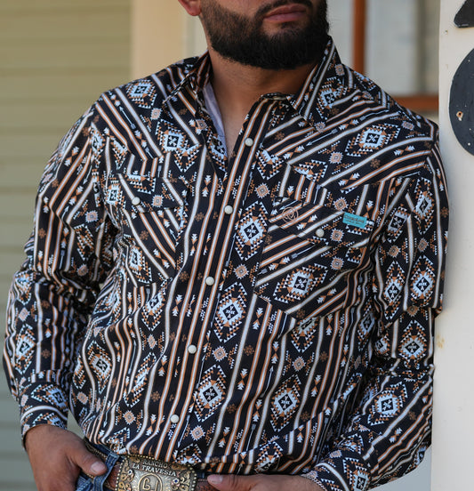 **FINAL SALE**SKCL2023159 | CUEROLINE BLACK/BROWN AZTEC L/S SNAP BUTTON UP