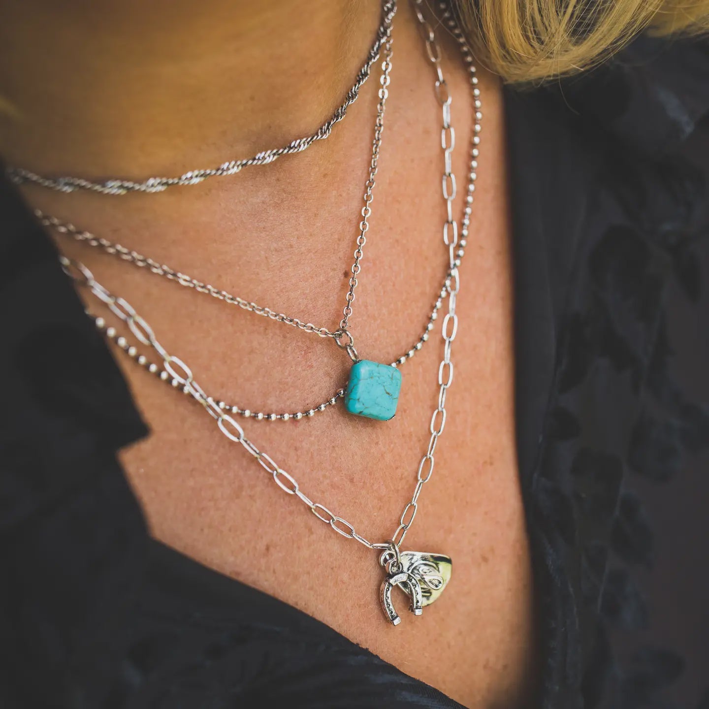 COMES WITH POUCH- WC-N1524WG | WEST&CO 18K GOLD PLATED LAYERED CHAIN WITH WESTERN CHARMS