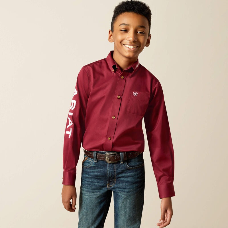 10030163 | ARIAT YOUTH BURGUNDY TEAM LOGO TWILL CLASSIC FIT L/S SHIRT