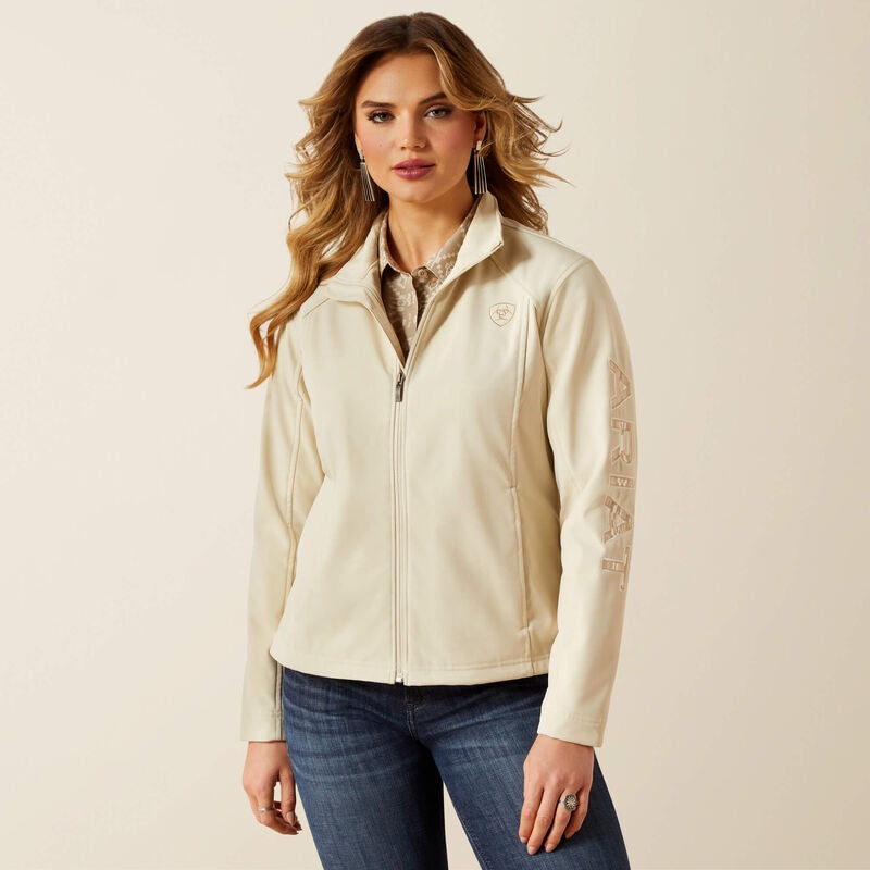 10062306 | ARIAT WOMENS OYSTER GREY/DUNE LOGO SOFTSHELL JACKET