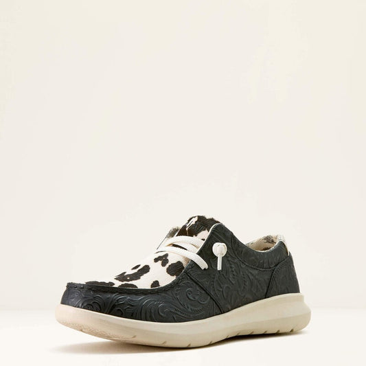 10063882 | ARIAT WOMENS HILO BLACK FLORAL & BLK/WHITE COWHIDE CASUAL SHOE