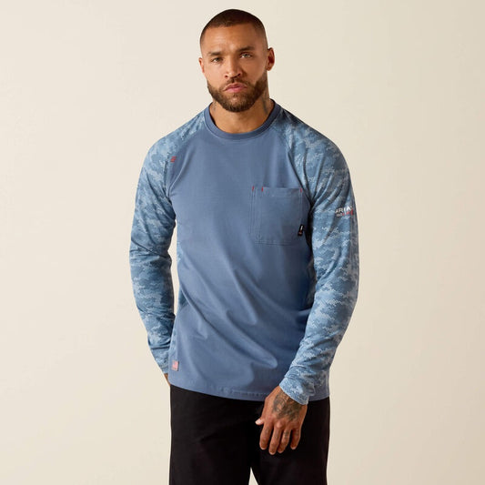 10071499 | ARIAT MEN'S FR AC STRETCH CAMO BASEBALL L/S T-SHIRT - BALEEN BLUE