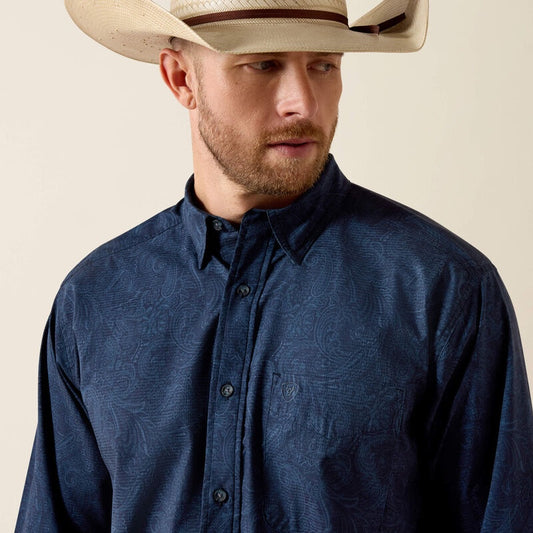 10071665 | ARIAT MENS NAVY PRINTED 360 AIRFLOW CLASSIC LS B SHIRT