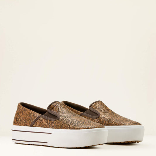 10074362 | ARIAT WOMEN'S SKYLAR SLIP ON CASUAL SHOE - BROWN FLORAL EMBOSSESD