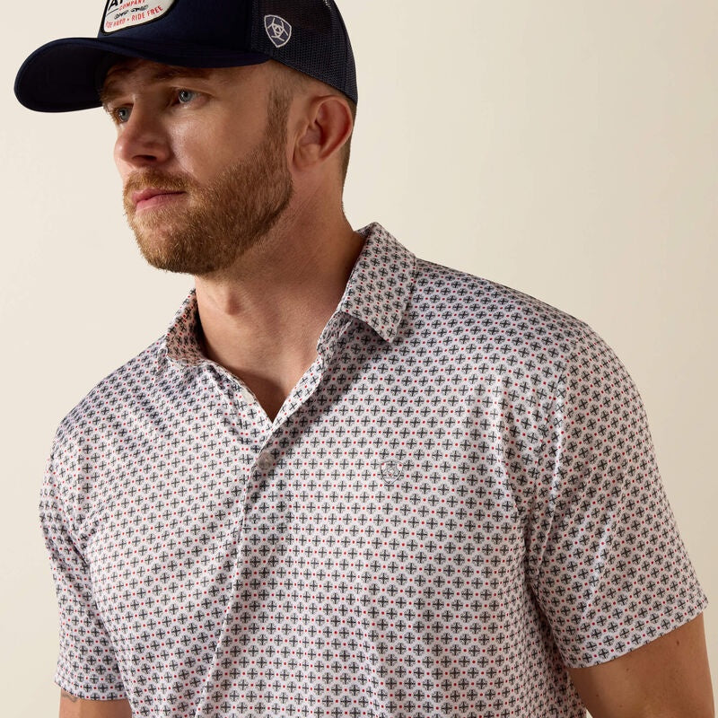 10076071 ARIAT MEN'S WHITE MULTI MEDALLION PRINT S/S POLO