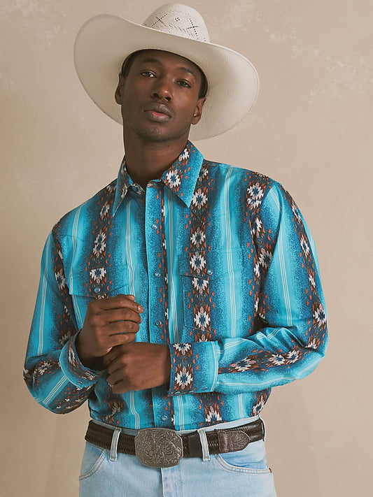 112365886 | WRANGLER MEN'S SEA SALT BLUE CHECOTAH LS SNAP SHIRT