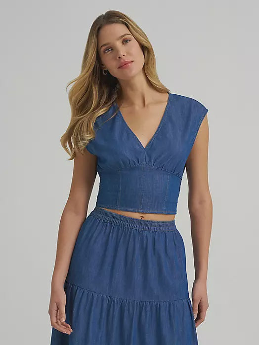 112375223 | WRANGLER WOMEN'S SMOCKED V-NECK CROP DENIM BLOUSE