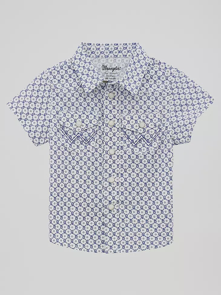 112378879 | WRANGLER LITTLE BOY'S BLUE&WHITE CIRCLE GEO S/S SNAP SHIRT