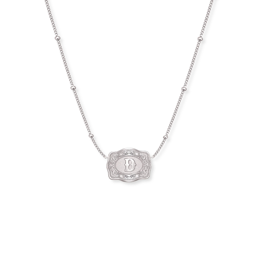 SPURWEST ULTRA-MINI SILVER INITIAL BELT BUCKLE NECKLACE - BEADED CHAIN