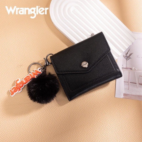 WG274-W079BK | WRANGLER BLACK TRI-FOLD WITH KEYRING POM POM WALLET