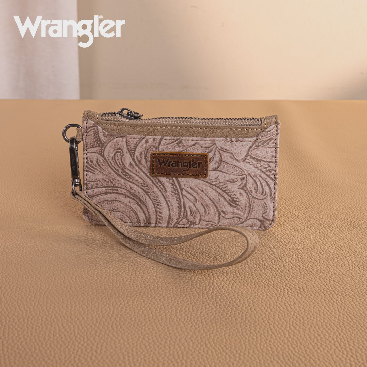 WG227-W075KH | WRANGLER KHAKI VINTAGE FLORAL VELVET MINI ZIP CARD CASE WRISTLET