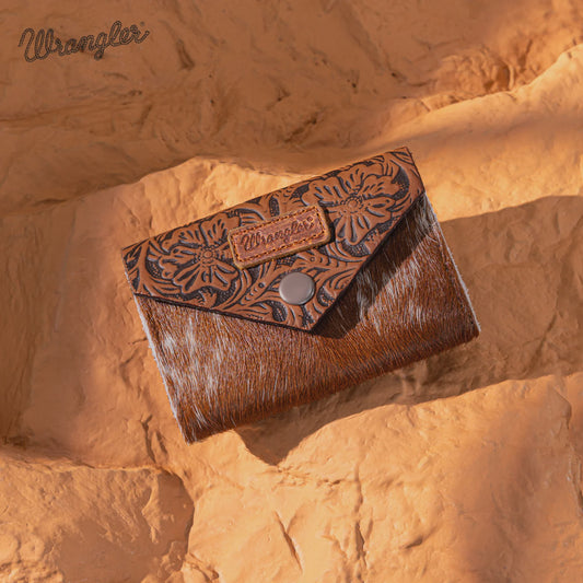 WG224-W070BR | WRANGLER BROWN HAIR-ON COWHIDE FLORAL TOOLED CARD HOLDER