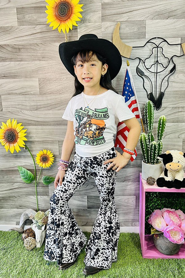 XCH0333-21H | GIRL'S CHASE YOUR DREAMS NOT COWBOY TOP & COW PRINT BELL BOTTOM 2PC SET