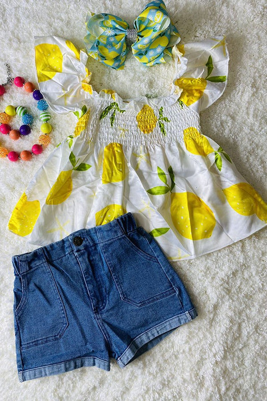 DLH2478 | GIRL'S YELLOW LEMON TOP BLUE DENIM SHORTS SET