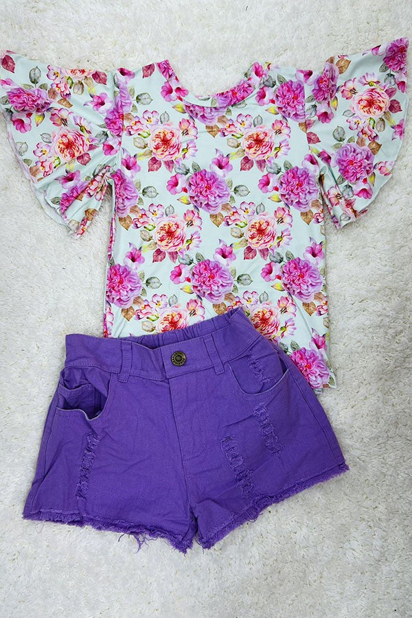 DLH2389 | GIRL'S WHITE FLORAL TOP & PURPLE DENIM SHORTS SET