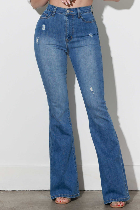 XPT379 | WOMENS DISTRESSED FLARE JEAN
