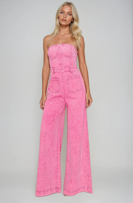 W4406RIB/ WISTERIALANE TUBE TOP DENIM FLARE JUMPSUIT