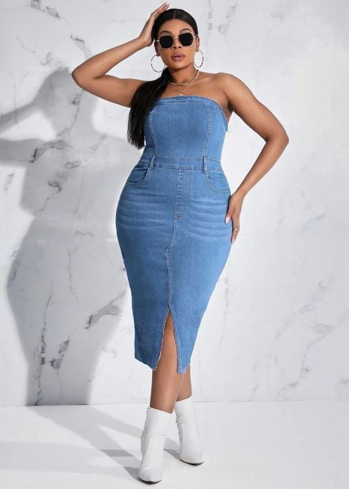 ITD5890-2089 | WOMEN'S PLUS SIZE DENIM SPLIT THIGH TUBE MIDI DRESS