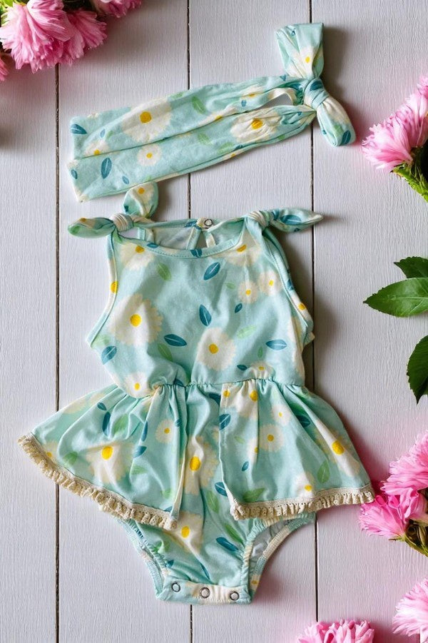 DLH2406 | BABY GIRL'S AQUA FLORAL ROMPER & HEADBAND