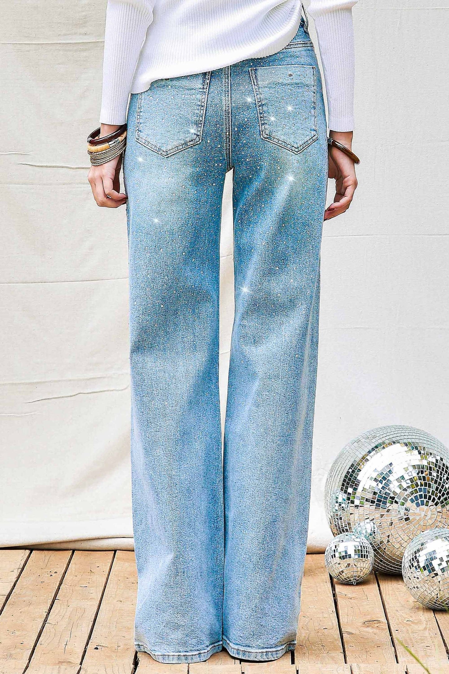 XPT302-R | WOMENS RHINESTONE HIGH RISE WIDE LEG JEAN