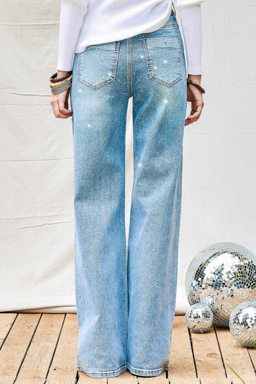 XPT302-R | WOMENS RHINESTONE HIGH RISE WIDE LEG JEAN