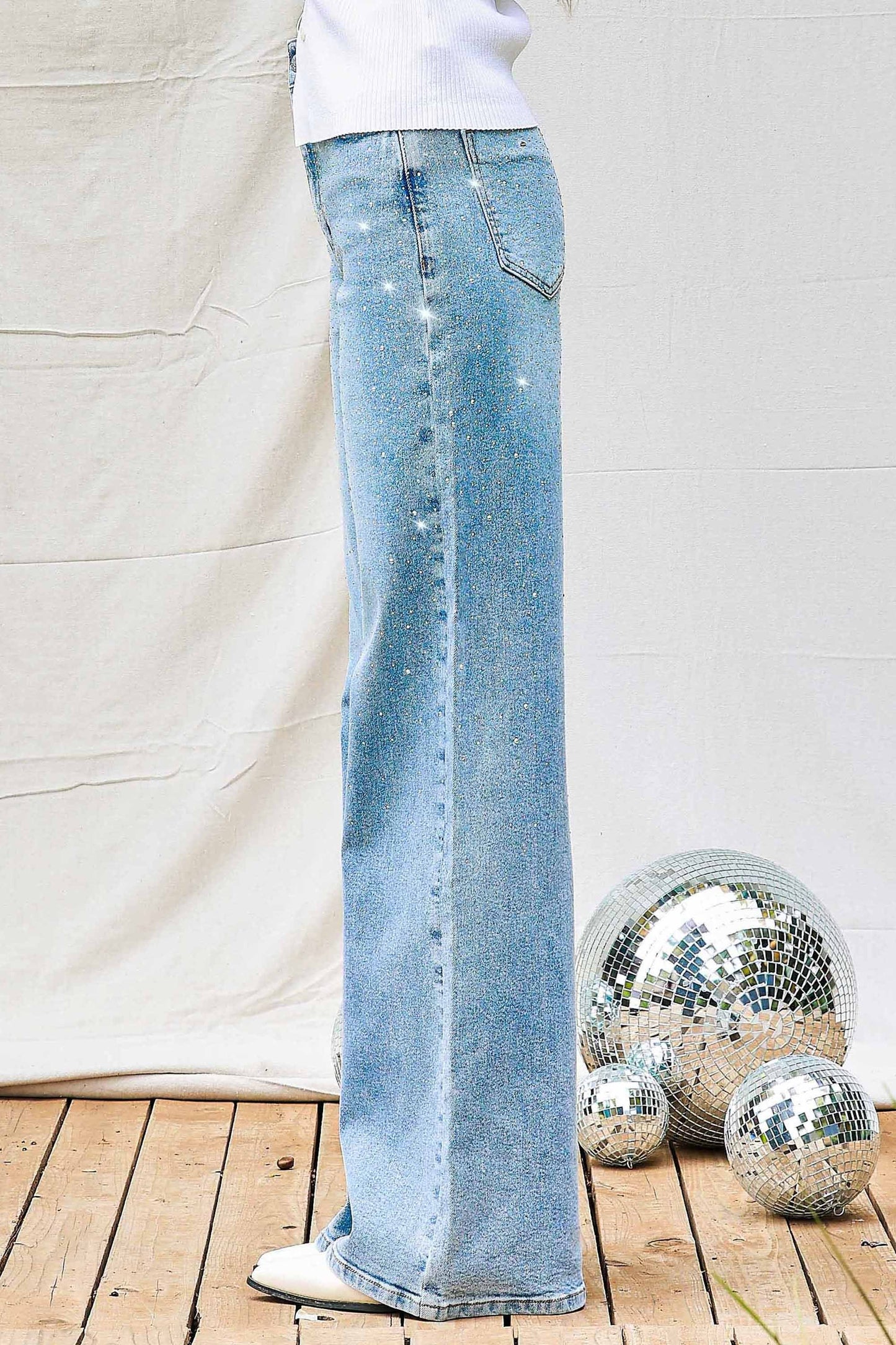 XPT302-R | WOMENS RHINESTONE HIGH RISE WIDE LEG JEAN