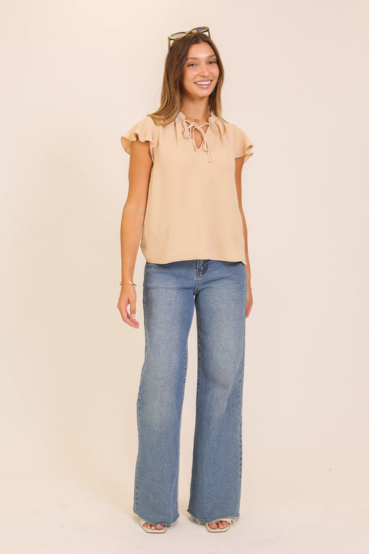 WN9841R | WOMENS FRONT TIE BEIGE BLOUSE