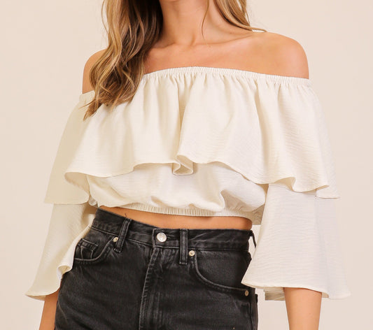 MN4195R | WOMENS RUFFLE OFF SHOULDER CROP TOP