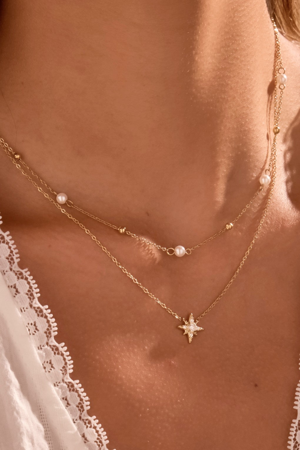 18K NON-TARNISH STAINLESS STEEL 2PC STAR/PEARL LAYERED NECKLACE