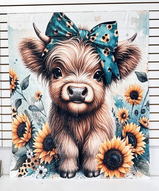 BLUE HIGHLAND COW WITH SUNFLOWERS WESTERN FLANNEL BLANKET