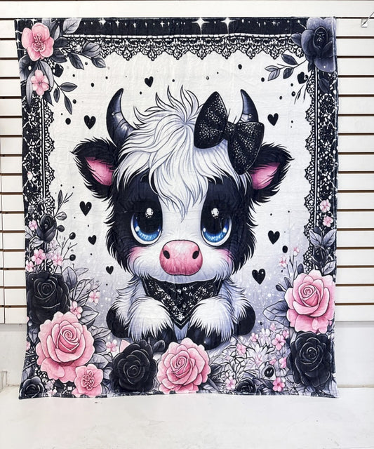BLACK HIGHLAND COW PRINT WESTERN FLANNEL BLANKET