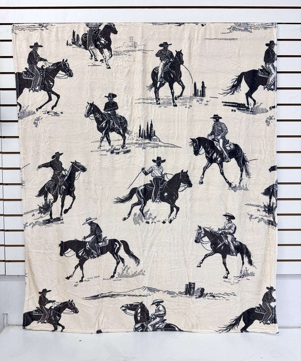 CREAM WESTERN COWBOY PRINT FLANNEL BLANKET