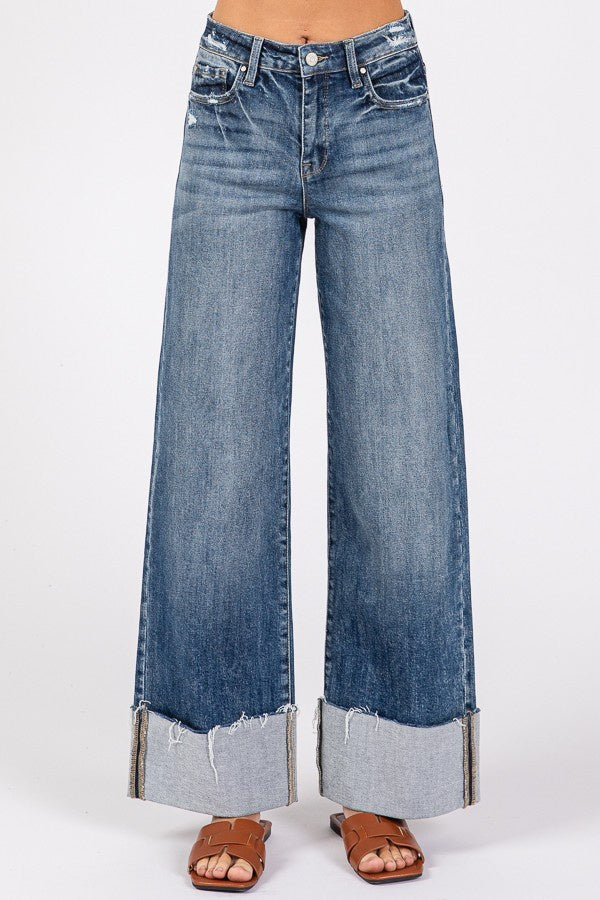 P1312W-MD | PETRA WOMEN'S HIGH RISE WIDE LEG CUFFED JEAN
