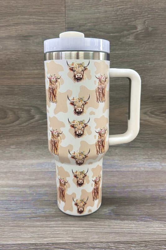 BEIGE HIGHLAND SPOTTED COW STAINLESS STEEL 40oz TUMBLER