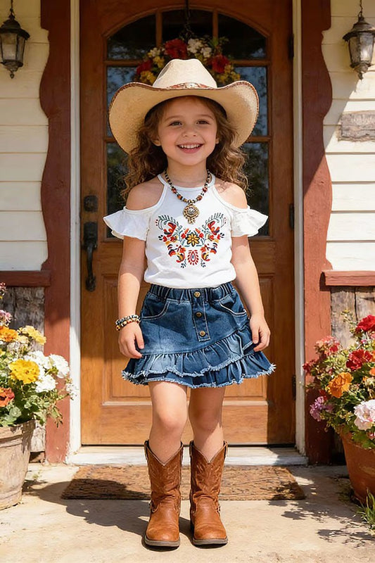 251294M | GIRL'S COLD SHOULDER SLEEVE TOP & DENIM SKIRT 2PC SET