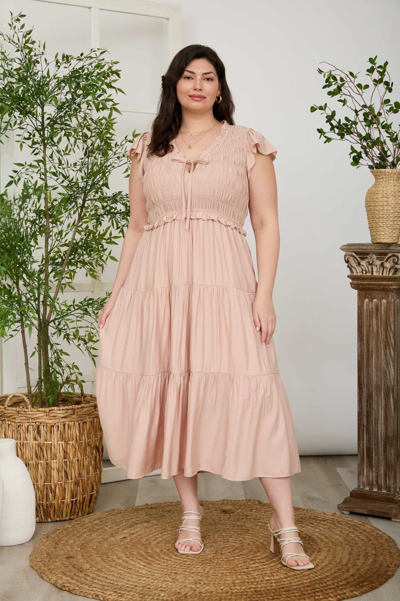 PCR2905 | WOMENS PLUS SMOCKED FRONT TIE MIDI DRESS