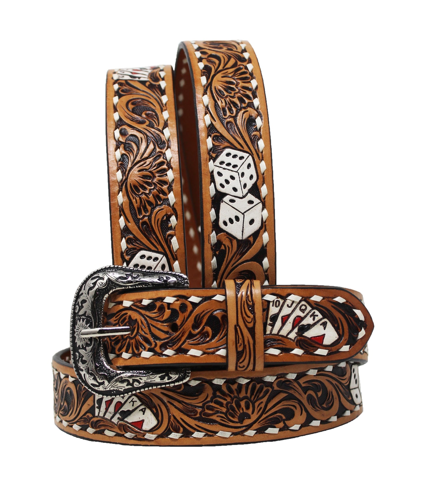 26FK80TN | CHALLENGER BELTS ROYAL FLUSH & DICE TOOLED LEATHER BELT