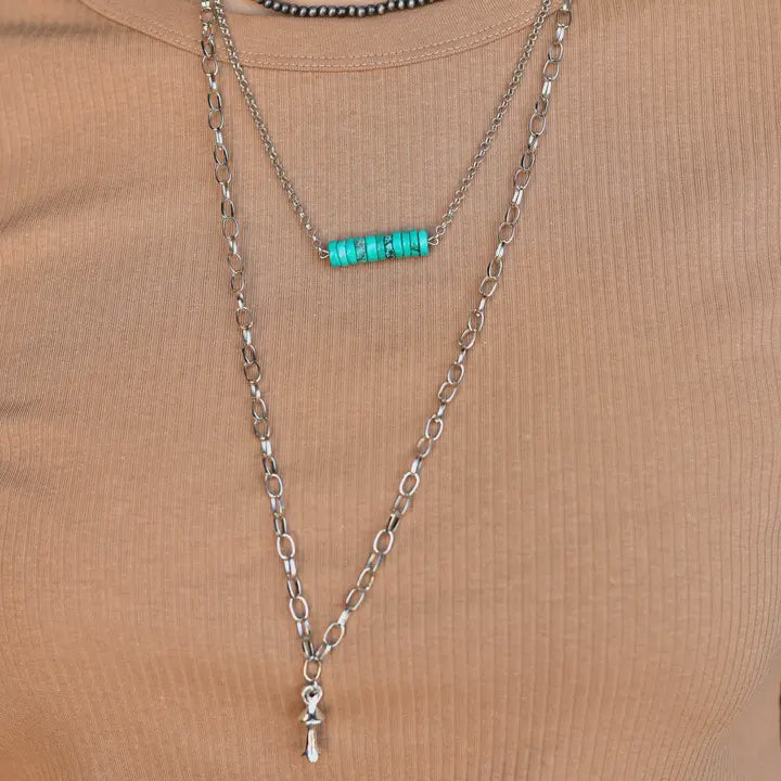 N1266 | WEST & CO 26" SILVER LAYERED NECKLACE WITH FAUX NAVAJO PEARLS/BLOSSOM