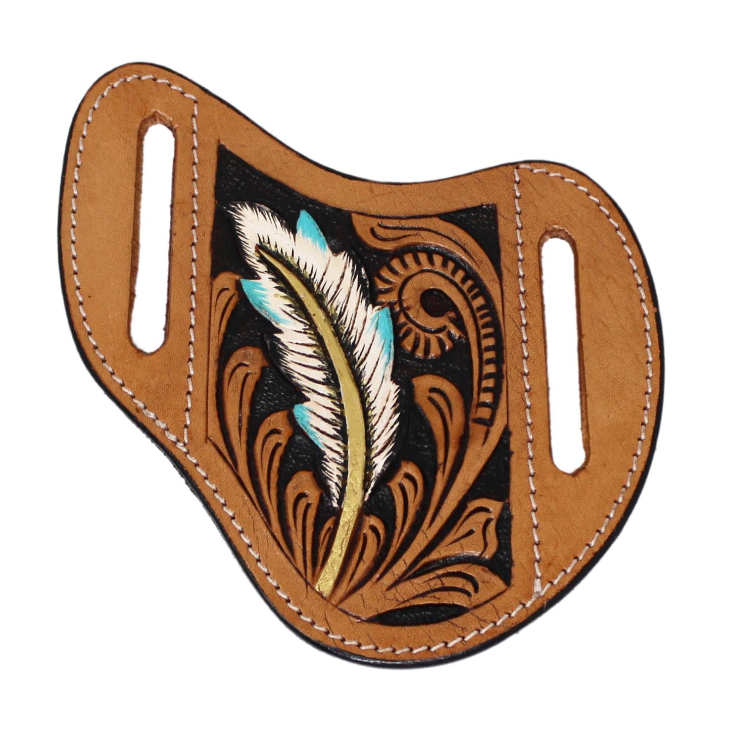 29FK22B CHALLENGER BELTS BROWN TOOLED WHITE/BLUE FEATHER KNIFE SHEATH