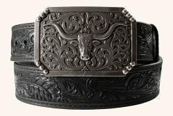 D100012101 | 3D MENS FLORAL EMBOSSED BLACK LONG HORN BELT