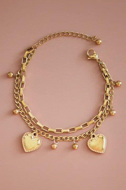 18K GOLD PLATED STAINLESS STEEL HEART CHARM BRACKELET