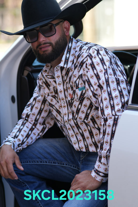 SKCL2023158 CUEROLINE WHITE/BLACK AZTEC L/S SNAP BUTTON UP SHIRT