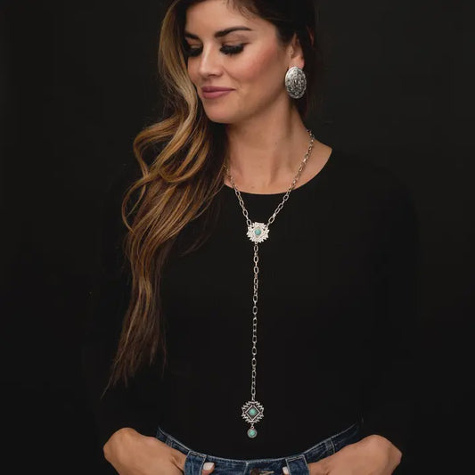 N1278 | WEST & CO SILVER CHAIN LARIAT NECKLACE AZTEC CONCHO