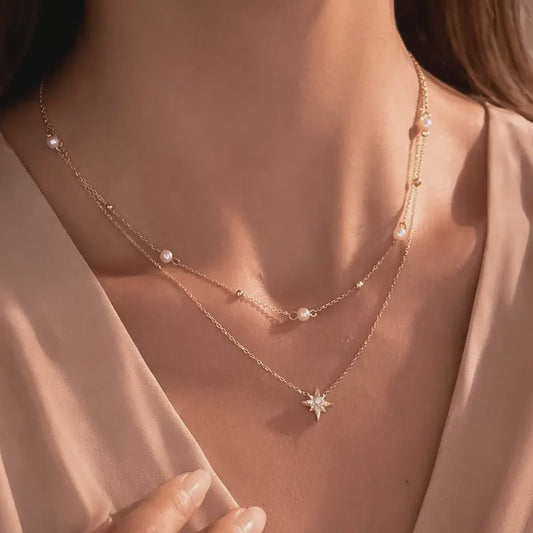 18K GOLD PLATED STAR & PEARL LAYERED NECKLACE -7914