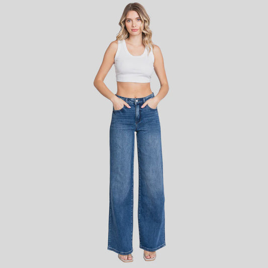 P1058W-DM | PETRA153 WOMEN'S HIGH RISE WIDE LEG STRETCH JEAN - DARK WASH