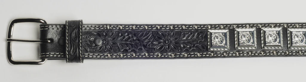 946| COWBOY CHROME KIDS COGNAC SILVER SQUARE CONCHO BELT