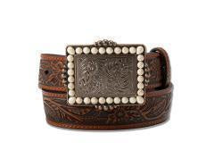 D130004602 | ANGEL RANCH GIRL/S 1-1/4" BROWN FLORAL EMBOSSED WHITE STONE BELT