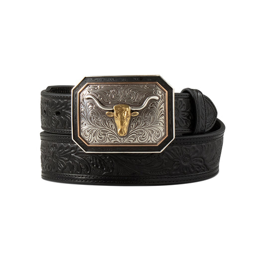 A1043201 | ARIAT BLACK FLORAL EMBOSSED LONGHORN BELT